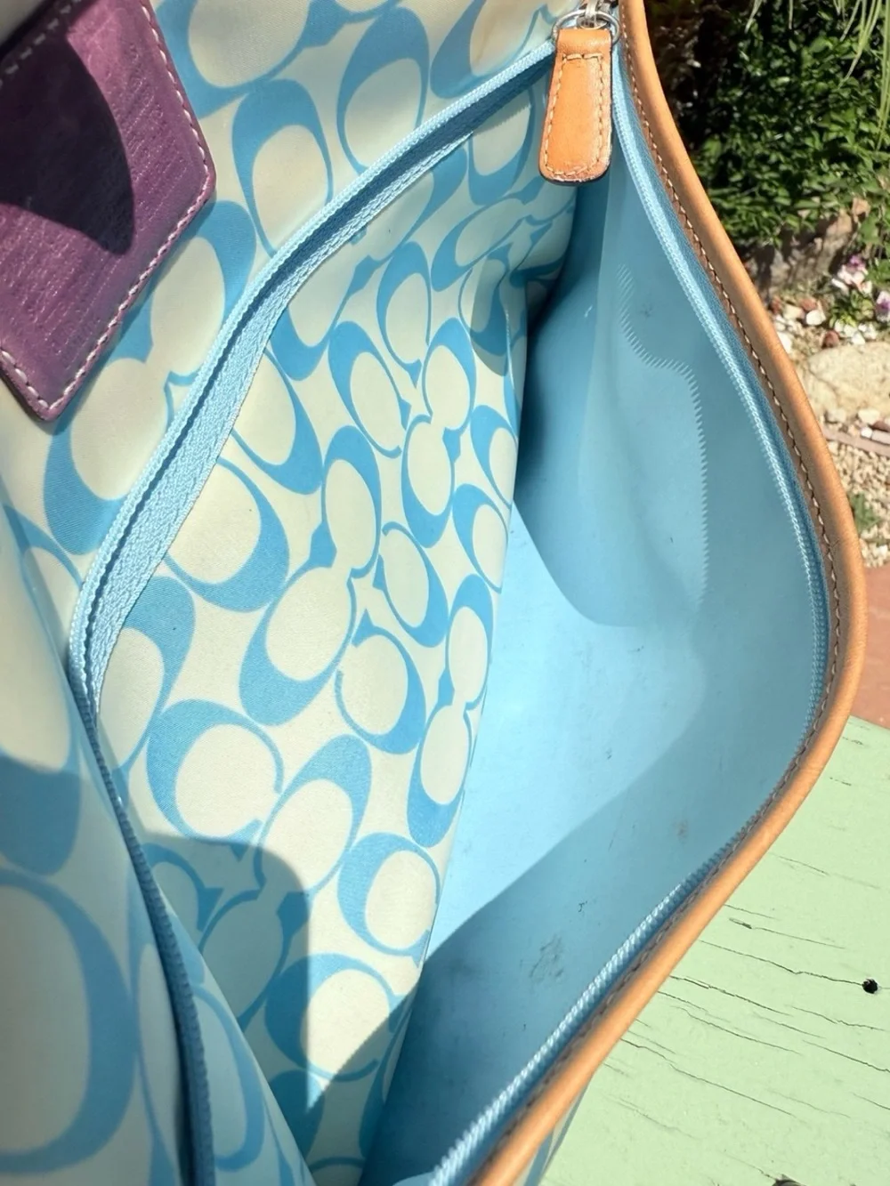 Coach Light Blue Signature Canvas Messenger Large Pouch with Black Coach wallet